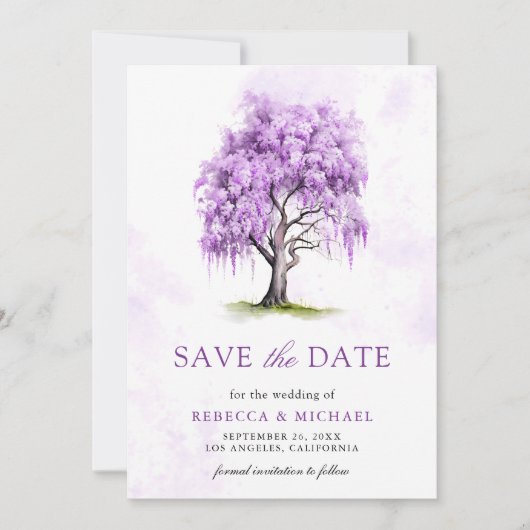 Paarse Wisteria Bloemboom bruiloft Save The Date (Voorkant)