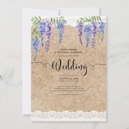 Paarse Wisteria Bloemen Bruiloft Rustieke Kant Loo Kaart (Voorkant)
