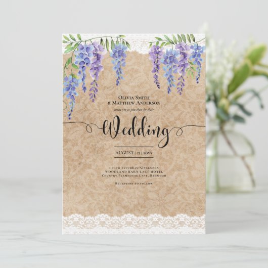 Paarse Wisteria Bloemen Bruiloft Rustieke Kant Loo Kaart (Staand voorkant)
