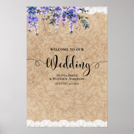 Paarse Wisteria Bloemen Bruiloft Welkom Bord Kant Poster