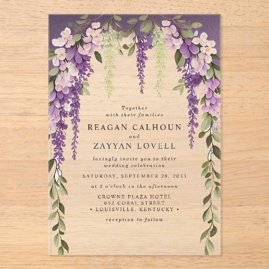 Paarse Wisteria Bloemen Groen Modern Bruiloft Acryl Uitnodigingen (Voorkant)