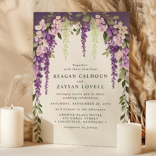 Paarse Wisteria Bloemen Groen Modern Bruiloft Kaart