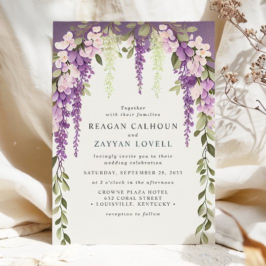 Paarse Wisteria Bloemen Groen Modern Bruiloft Kaart