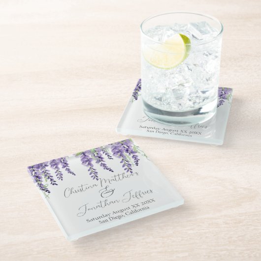 Paarse Wisteria Bloemen op Elegant Wit Glazen Onderzetter (Schuin)