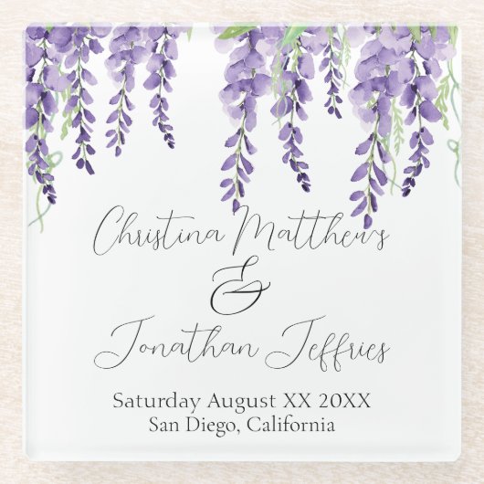 Paarse Wisteria Bloemen op Elegant Wit Glazen Onderzetter (Voorkant)