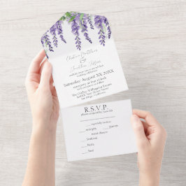 Paarse Wisteria Bloemen op Witte Elegante All In One Uitnodiging
