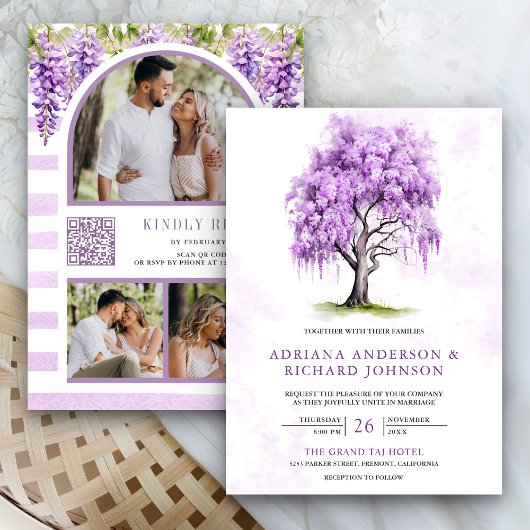 Paarse Wisteria Bloemenboom Foto QR Code Bruiloft Kaart