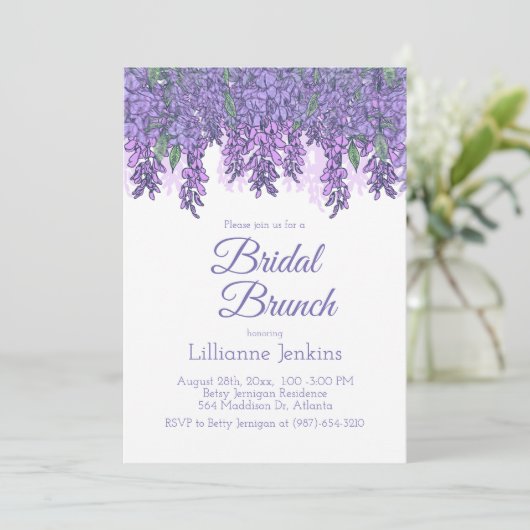 Paarse Wisteria Bridal Brunch Douche Uitnodiging (Staand voorkant)