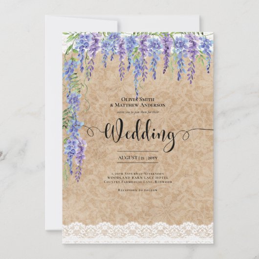 Paarse Wisteria Floral bruiloft rustieke kant look Kaart (Voorkant)