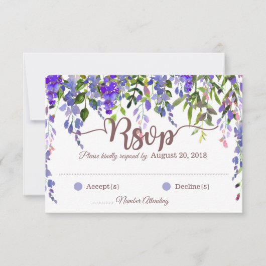 Paarse Wisteria Floral Drop RSVP-kaart RSVP Kaartje (Voorkant)