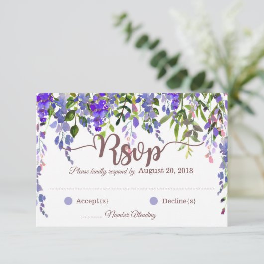 Paarse Wisteria Floral Drop RSVP-kaart RSVP Kaartje (Staand voorkant)