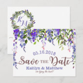Paarse Wisteria Floral Drop Save the Date Aankondigingskaart (Voorkant / Achterkant)