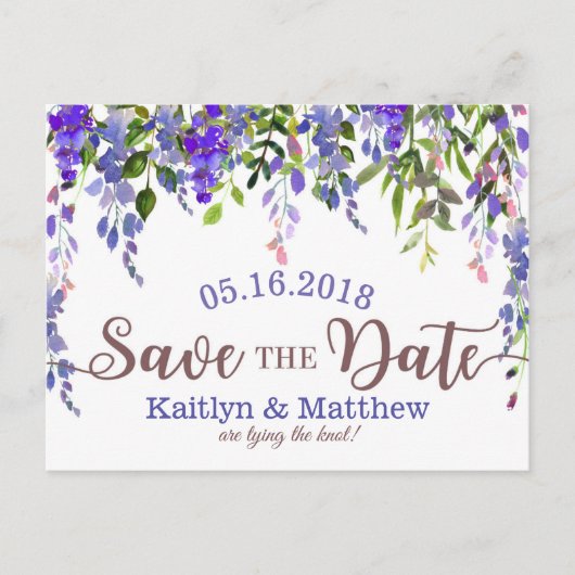 Paarse Wisteria Floral Drop Save the Date Aankondigingskaart (Voorkant)