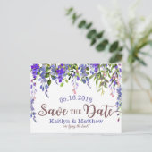 Paarse Wisteria Floral Drop Save the Date Aankondigingskaart (Staand voorkant)