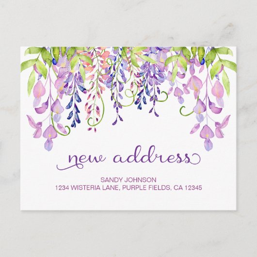 Paarse Wisteria Floral Mijn nieuwe adres aankondig Aankondigingskaart (Voorkant)