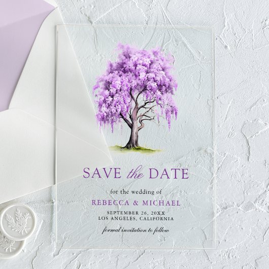 Paarse Wisteria Floral Tree Wedding Save the Date Acryl Uitnodigingen