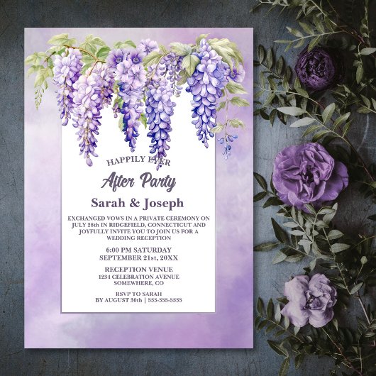 Paarse Wisteria Floral Wedding After Party Kaart