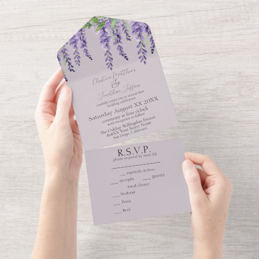 Paarse Wisteria Flowers Elegant Lavender Wedding All In One Uitnodiging (Afscheurbaar)