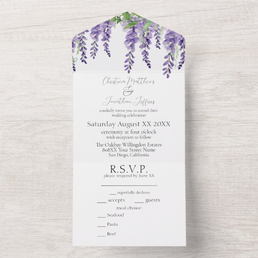 Paarse Wisteria Flowers op White Elegant All In One Uitnodiging (Binnen)
