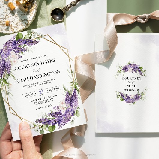 Paarse Wisteria geometrische huwelijksuitnodiging Kaart