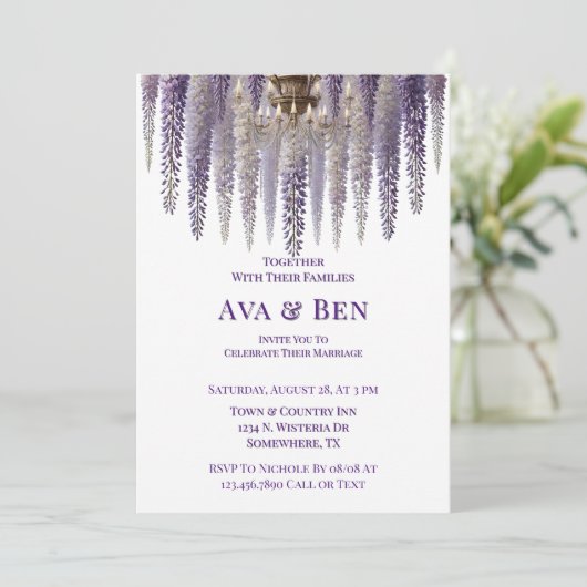  Paarse Wisteria kroonluchter bruiloft Kaart (Staand voorkant)