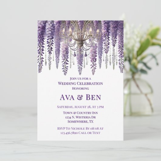 Paarse Wisteria kroonluchter bruiloft Kaart (Staand voorkant)