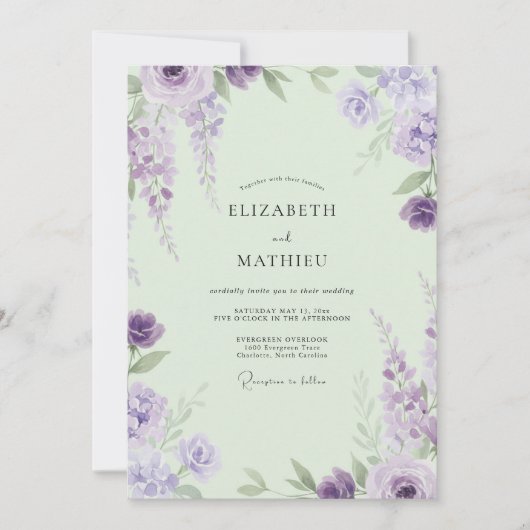 Paarse Wisteria Mint Bruiloft Kaart (Voorkant)