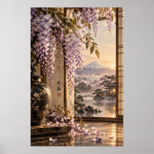 Paarse Wisteria Mount Fuji Japanse Tuin Muur Kunst Poster