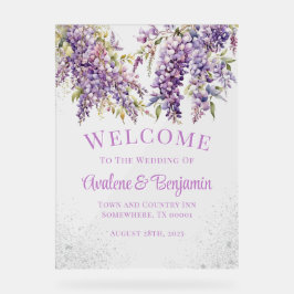 Paarse Wisteria Silver Glitter Wedding Welkom Acryl Bord