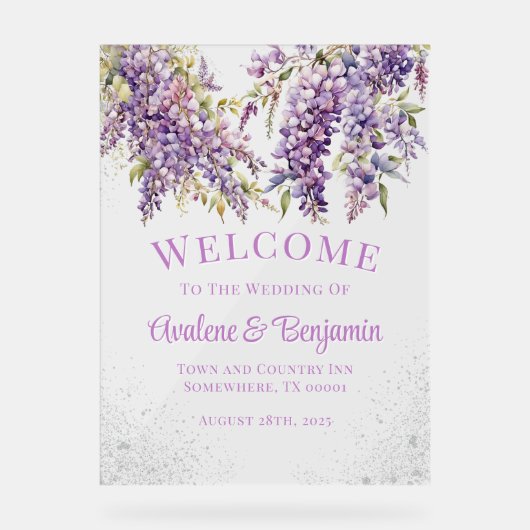 Paarse Wisteria Silver Glitter Wedding Welkom Acryl Bord (Voorkant)
