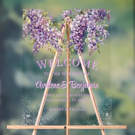 Paarse Wisteria Silver Glitter Wedding Welkom Acryl Bord (Neutraal)