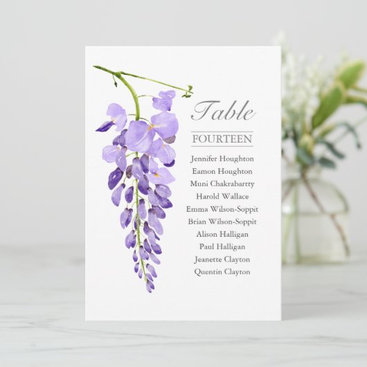 Paarse Wisteria Single Wedding Table Zetel Kaart (Staand voorkant)