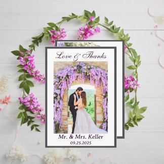 Paarse Wisteria thema bruiloft dank u kaart