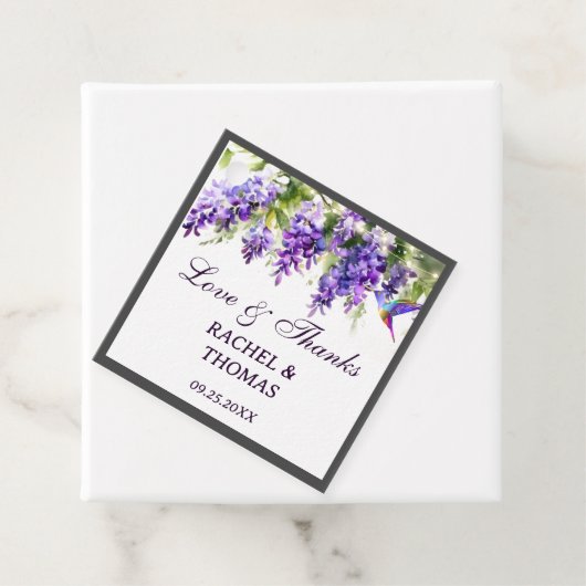 Paarse Wisteria Theme Wedding Favor Label (In situ)