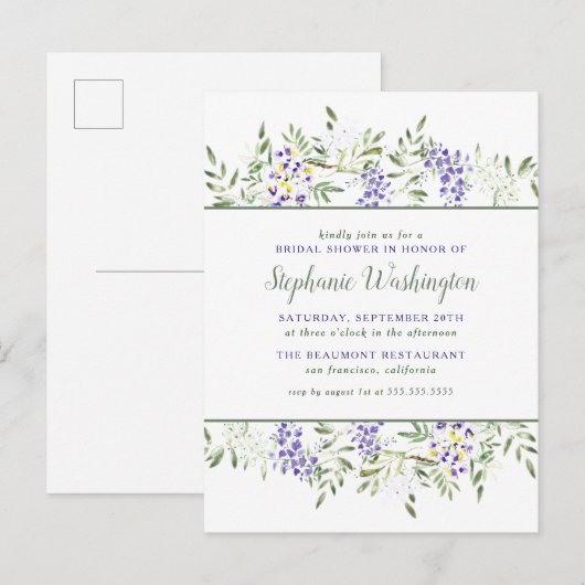 Paarse Wisteria Waterverf Floral Vrijgezellenfeest Uitnodiging Briefkaart (Voorkant / Achterkant)