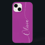 Paarse Wit Elegant Calligrafie Script Name Case-Mate iPhone 14 Hoesje<br><div class="desc">De Paarse Wit Elegant Manuscript van de Kalligrafie de Aangepaste iPhone 14 de Slimme Gevallen van de Telefoon kenmerkt een modern en trendy eenvoudig en stijlvol ontwerp met uw gepersonaliseerde naam in elegante hand geschreven kalligrafiekmanuscripttypografie op een paarse achtergrond. Ontworpen door ©Evco Studio www.zazzle.com/store/evcostudio</div>
