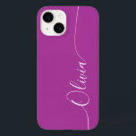 Paarse Wit Elegant Calligrafie Script Name Case-Mate iPhone 14 Hoesje<br><div class="desc">De Paarse Wit Elegant Manuscript van de Kalligrafie de Aangepaste iPhone 14 de Slimme Gevallen van de Telefoon kenmerkt een modern en trendy eenvoudig en stijlvol ontwerp met uw gepersonaliseerde naam in elegante hand geschreven kalligrafiekmanuscripttypografie op een paarse achtergrond. Ontworpen door ©Evco Studio www.zazzle.com/store/evcostudio</div>