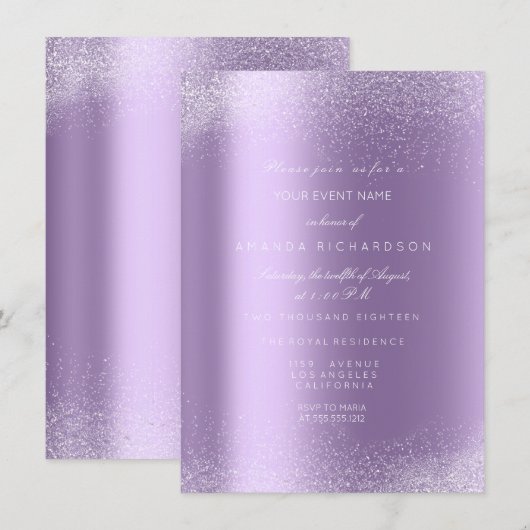 Paarse Wit Glitter Bladeren Zand Frame Glam Kaart (Voorkant / Achterkant)