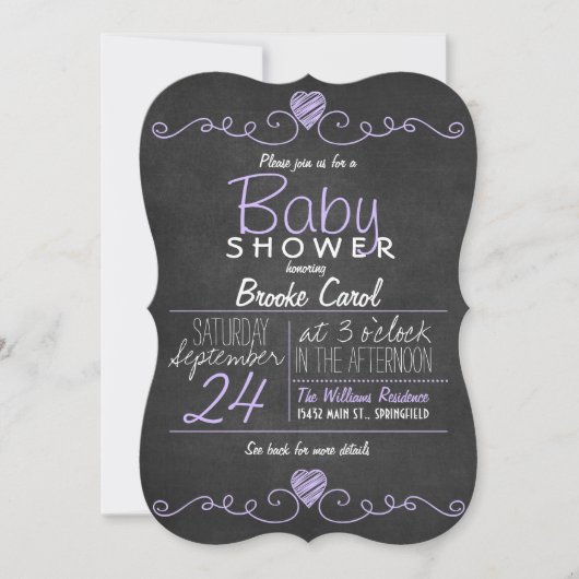 Paarse, Wit Rustiek Krijtbord, Hart Baby shower Kaart (Voorkant)