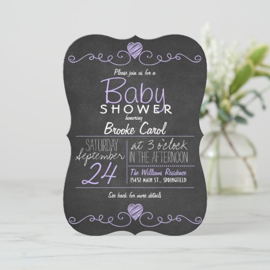 Paarse, Wit Rustiek Krijtbord, Hart Baby shower Kaart (Staand voorkant)