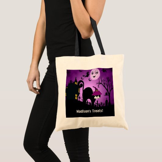 Paarse Witch Black Cat Trick or treat Tote Bag (Voorkant (product))