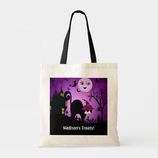 Paarse Witch Black Cat Trick or treat Tote Bag (Achterkant)