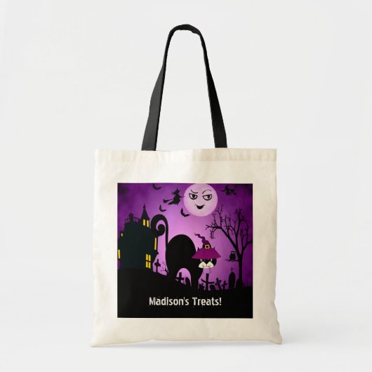 Paarse Witch Black Cat Trick or treat Tote Bag (Voorkant)