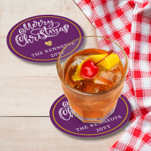 Paarse witgouden vrolijke kerst ronde kartonnen onderzetter