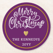 Paarse witgouden vrolijke kerst ronde kartonnen onderzetter (Voorkant)