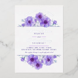 Paarse witte anemone waterverf bruiloft folie uitnodiging