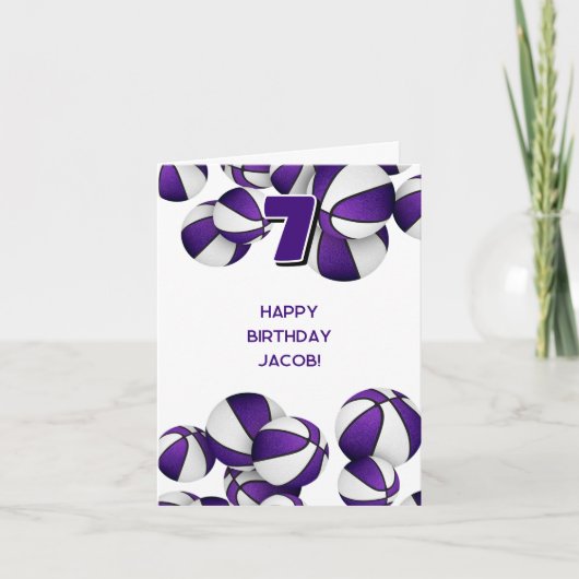 paarse witte basketballen kinderverjaardag kaart (Voorkant)