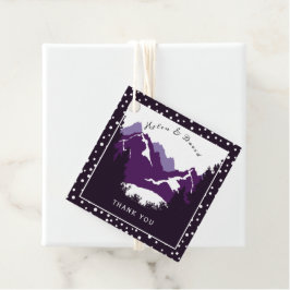 Paarse, witte bergen en polka-stippen bruiloft bedankjes labels