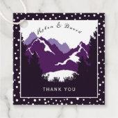 Paarse, witte bergen en polka-stippen bruiloft bedankjes labels (Voorkant)