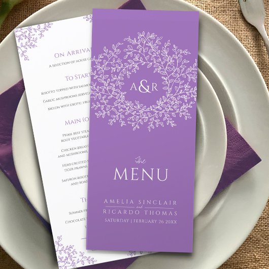 Paarse witte blad tekening monogram bruiloft menu